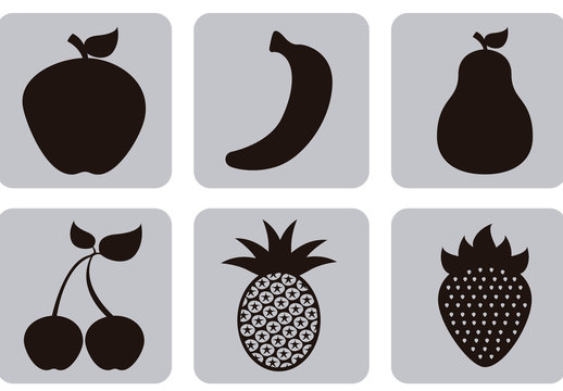 Black and White Minimalist Fruit Silhouette Icons Set