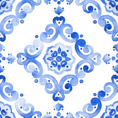 Filigree cobalt blue ornament seamless pattern - 124378934