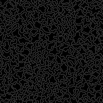 Vector monochrome seamless pattern, white contour wavy lines on black. Abstract endless ornamental texture, camouflage background, topographic map style. Design element for fabric, prints, textile