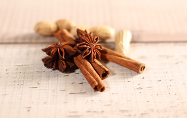 Cloves, anise and cinnamon isolated on white background. Shallow dof