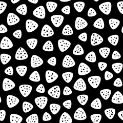 Vector monochrome seamless pattern, white rounded triangle perforated shapes on black background. Abstract endless texture for fabric print, card, cloth, furniture, banner, cover, decoration, wrapping
