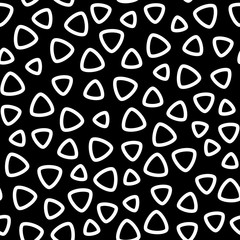 Vector monochrome seamless pattern, white rounded triangle outline shapes on black background. Abstract endless texture for fabric print, card, cloth, furniture, banner, cover, decoration, wrapping