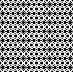 Vector monochrome seamless pattern, repeat ornamental background with black & white geometric figures, hexagons, triangles, rhombuses. Design element for prints, decoration, textile, digital, web