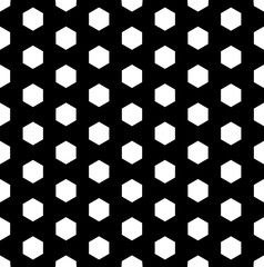 Vector monochrome seamless pattern, white hexagons on black background. Regular grid, simple geometric texture for tileable print, stamping, decoration, digital, wallpaper, cover, textile, identity