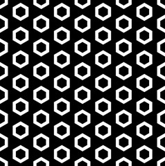 Vector monochrome seamless pattern, white outline hexagons on black background. Simple geometric texture for tileable print, stamping, decoration, digital, web, wallpaper, cover, textile, identity