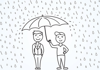 Hand drawn sketch vector illustration, two cartoon men under umbrella. Illustration about professional work, care about customers, business safety