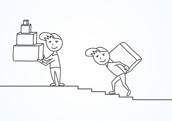 Hand drawn sketch vector illustration, delivery men with packages and boxes on the steps. Illustration about professional work, shipping and product transportation process