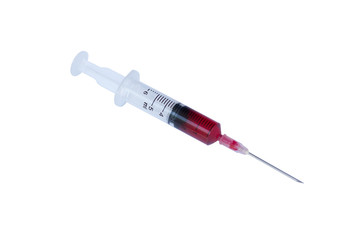 syringe with drop red blood liquid isolated on white background.