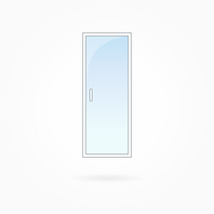 Door frame vector illustration, single closed transparent vitreous door. White plastic door with blue sky glass, outdoor objects collection, flat style. Editable isolated design element. Eps 10