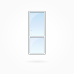 Door frame vector illustration, single closed transparent door with two vertical halves. White plastic door with blue sky glass, outdoor objects collection, flat style. Isolated design element. Eps 10