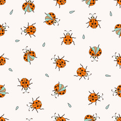 Seamless cute vector pattern with ladybugs