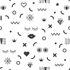 Black silhouette modern retro feminine fun icons pattern on white background