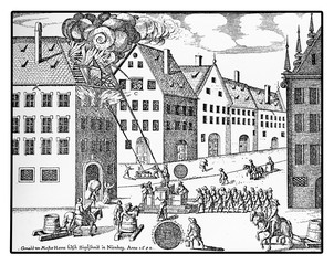 Nuremberg, Germany, XVII century, fighting flames on a roof with water hoses