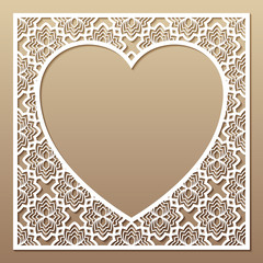 Openwork square frame with heart. Laser cutting template for gre
