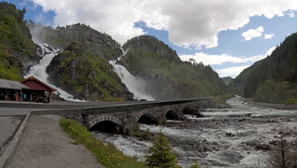 Latefossen.  Latefossen or Latefoss is a waterfall located in the municipality of Odda in Hordaland County, Norway. © vkhom68