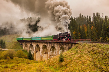 Fototapeta na wymiar Steam train on the viaduct in the moyntains