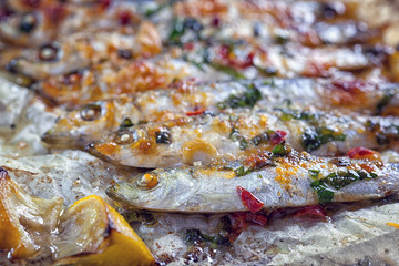Grilled fish on baking tray - close up