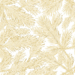 Vector golden fir branches seamless pattern. Gold and white background with outline hand drawn fir. Design for fabric, textile print, wrapping paper. Winter holidays texture.