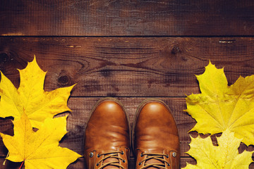  
Let's walk! - Nature
Conceptual autumn background photo: travel boots and fallen yellow maple...