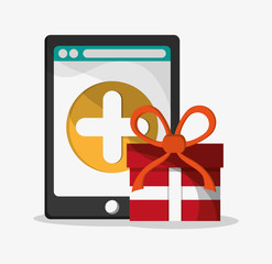 Tablet and gift icon. Social media and digital marketing theme. Colorful design. Vector illustration