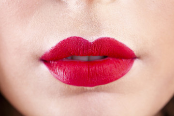 Sexy Lips. Beauty Red Lips Makeup Detail. Beautiful Make-up Clos