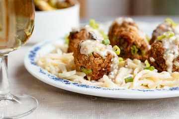 Spätzle (traditional German noodle) with vegan TVP (textured vegetable protein) balls