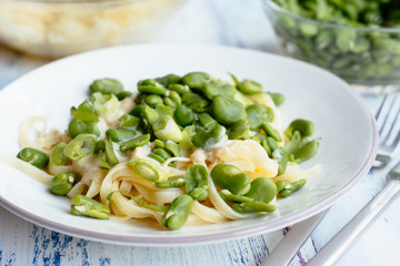Pasta with Creamy Herbed Sauce and Fava Beans