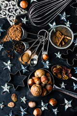 Christmas baking background - cookie cutters, spices, nuts, Holiday decorations