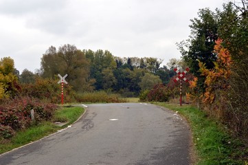 Road sign of railroad tracks.