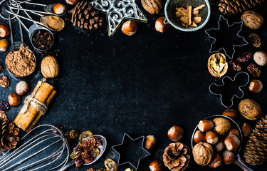 Christmas baking background - cookie cutters, spices, nuts, Holiday decorations