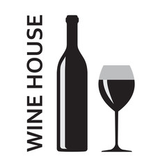 Wine bottle and wine glass icon or sign isolated on white background. Wine house badge or label. Vector illustration.