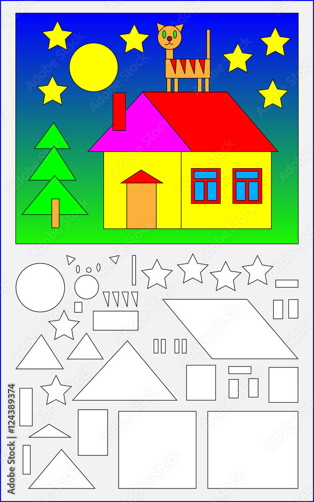 Wall mural educational page for young children. need to find the geometric figures in the picture and paint the