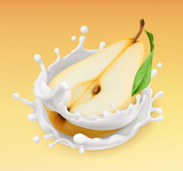 Pear and milk splash. Fruit and yogurt. Realistic illustration. 3d vector icon