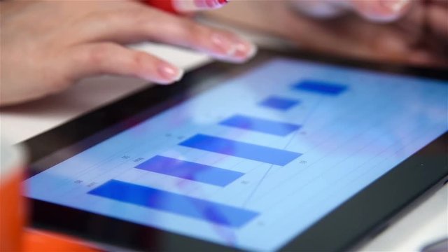 Hand Using Digital Tablet With Stock Chart Report. Cloae Up