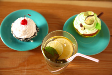 beautiful ice cream and drinks on the wooden table