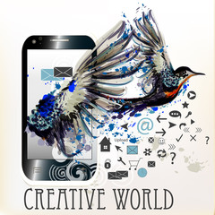 Abstract screen phone with ink spots and hummingbird. Creative w