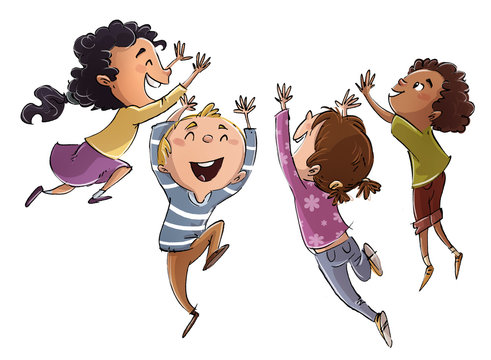 niños saltando felices