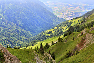Panoramic view of the Alps in Switzerland on a hot summer day