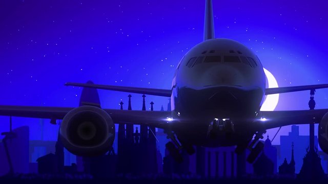 Barcelona Spain Airplane Take Off Moon Night Blue Skyline Travel