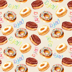 Seamless pattern with donuts on canvas texture 