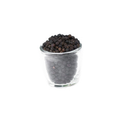 Black pepper in glass bowl isolated on white background