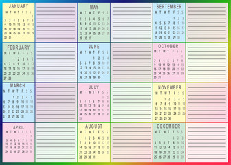 Calendar with table for important dates