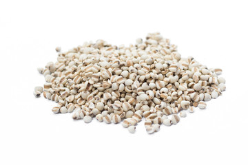 Raw millet rice in wooden spoon on white background.