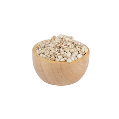Millet rice , millet grains in bowl wood isolated on white