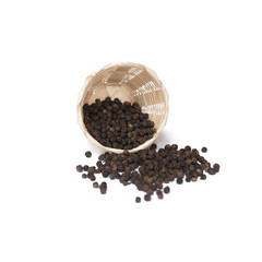 Black pepper in .Bamboo Basket isolated on white background