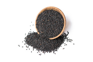 black sesame in wooden bowl on white background