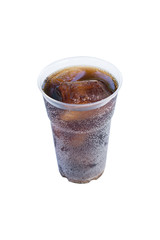 cola drink in plastic glass with ice isolated on white
