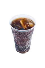 cola drink in plastic glass with ice isolated on white