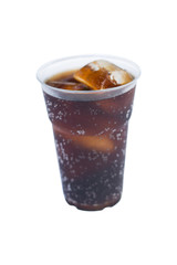 cola drink in plastic glass with ice isolated on white
