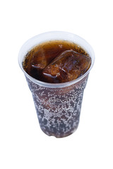 cola drink in plastic glass with ice isolated on white